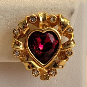 Vintage Swarovski Red Crystal Heart Clip-On Earrings Gold Tone 1"